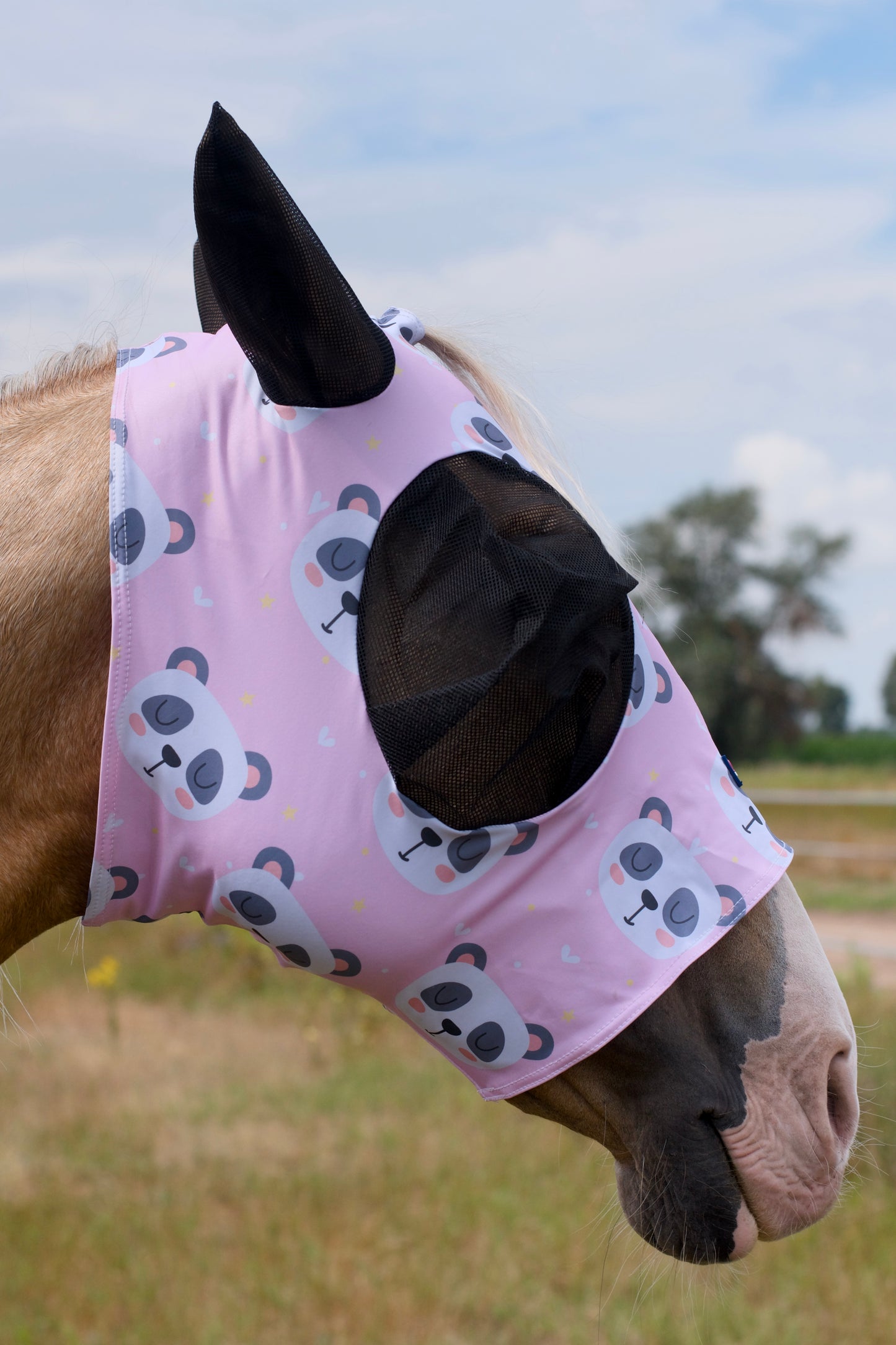 Masque équestre Savio panda rose en lycra